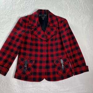 Talbots Red Black Plaid‎ Wool Blend Blazer Jacket Size 10